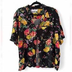 Floral Button-Up Top in Black with Yellow & Pink Blooms